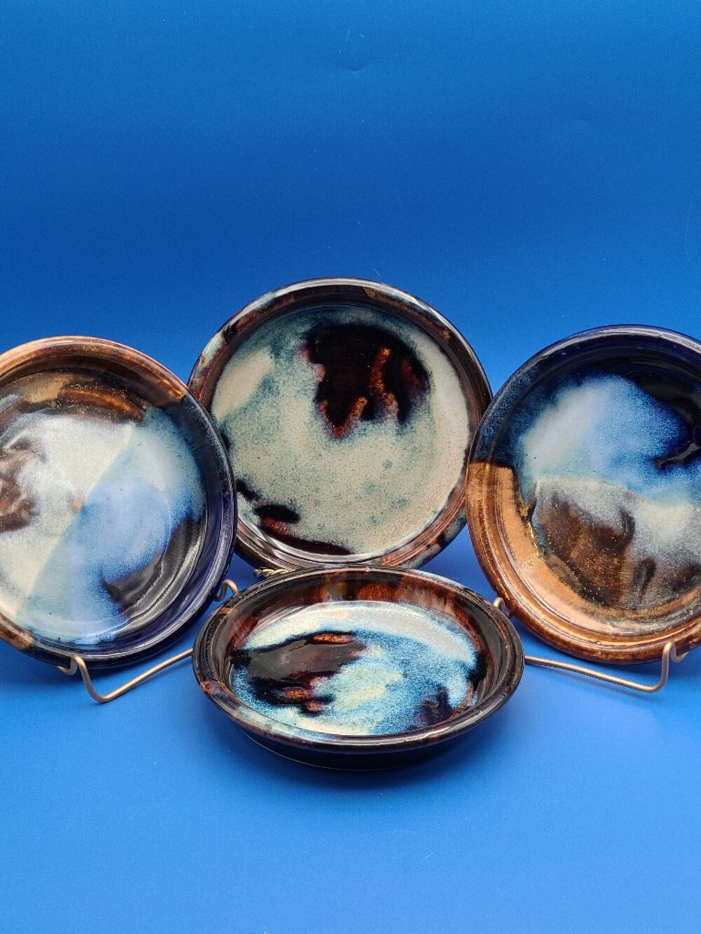 Studio Art Pottery Small Round Dishes Blue Brown Cream Glazed Set of 4
